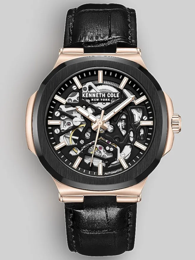 Watches-Kenneth Cole Automatic Dress Watch with Leather Strap Black