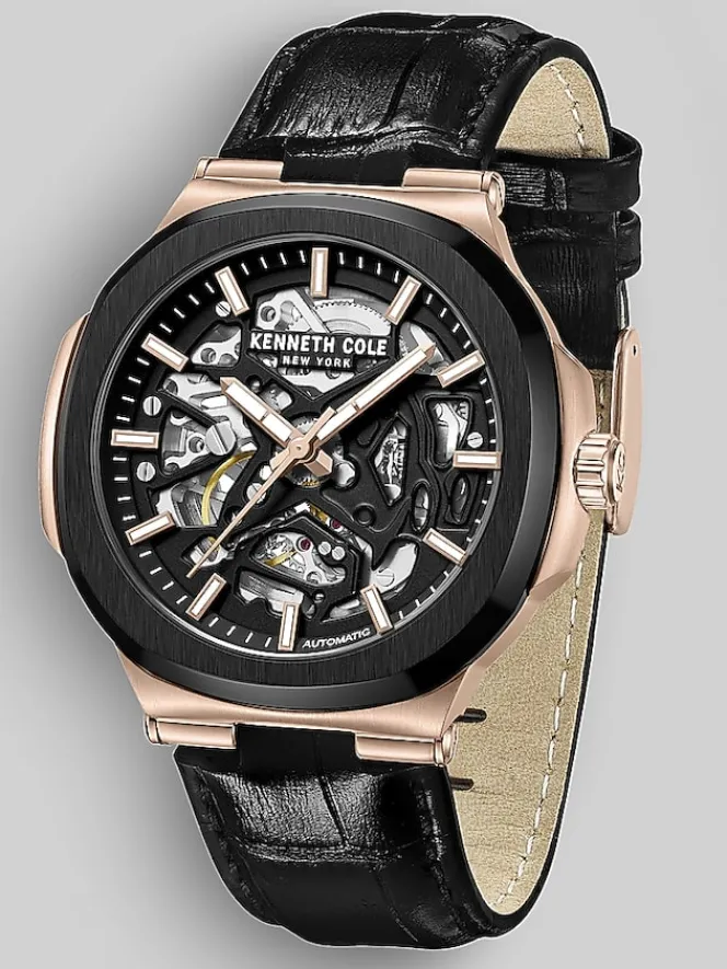 Watches-Kenneth Cole Automatic Dress Watch with Leather Strap Black