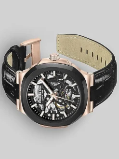 Watches-Kenneth Cole Automatic Dress Watch with Leather Strap Black