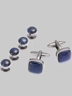 Tie Bars & Cufflinks-Pronto Uomo Blue Stone Cufflinks & Studs Set Gunmetal