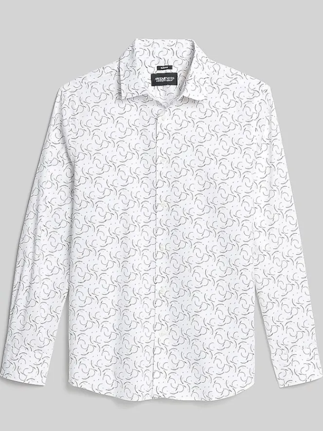 Button Up Shirts|Long Sleeve Button Up Shirts-Awearness Kenneth Cole CHILLFLEX Slim Fit Semi Swirls Button Up Shirt White