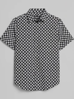 Button Up Shirts-Awearness Kenneth Cole CHILLFLEX Slim Fit 4-Way Stretch Abstract Grid Short Sleeve Button Up Shirt Black