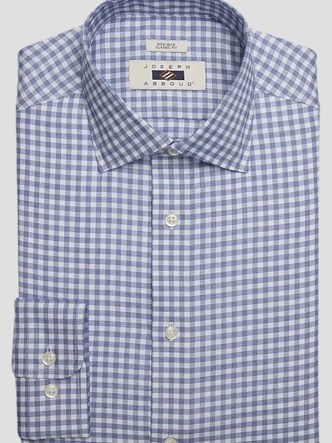 Patterned Dress Shirts|Designer Dress Shirts-Joseph Abboud Classic Fit Gingham Spread Collar Dress Shirt Blue