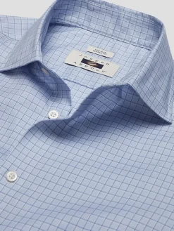 Patterned Dress Shirts|Designer Dress Shirts-Joseph Abboud Classic Fit Grid Spread Collar Dress Shirt Blue