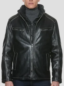 Outerwear-Sly &Amp; Co Classic Fit Lambskin High-Neck Leather Jacket Black Solid
