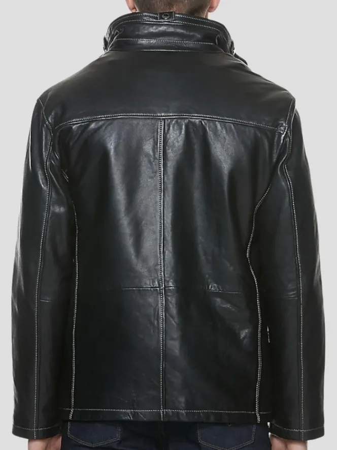 Outerwear-Sly &Amp; Co Classic Fit Lambskin High-Neck Leather Jacket Black Solid