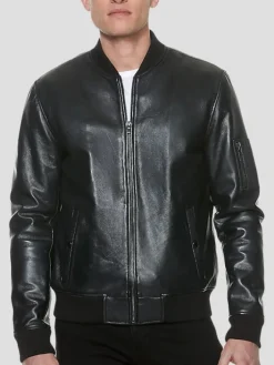 Outerwear-Sly &Amp; Co Classic Fit Lambskin Leather Bomber Jacket Black Solid