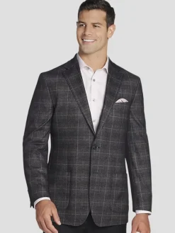 Sport Coats|Sport Coats-Michael Strahan Classic Fit Plaid Knit Sport Coat Charcoal Plaid