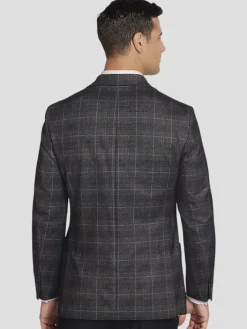 Sport Coats|Sport Coats-Michael Strahan Classic Fit Plaid Knit Sport Coat Charcoal Plaid