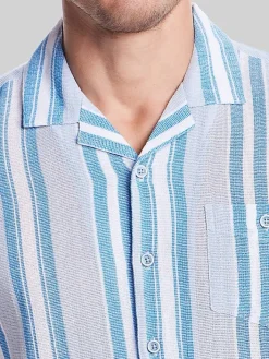 Button Up Shirts|Casual Shirts-Weatherproof Vintage Classic Fit Stripe Camp Shirt Light Grey