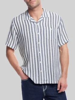Button Up Shirts|Casual Shirts-Weatherproof Vintage Classic Fit Striped Short Sleeve Camp Shirt Navy And White