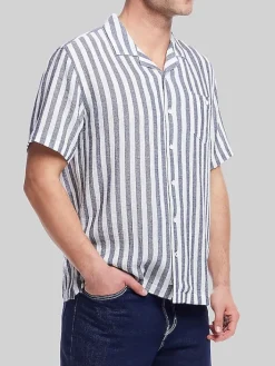 Button Up Shirts|Casual Shirts-Weatherproof Vintage Classic Fit Striped Short Sleeve Camp Shirt Navy And White