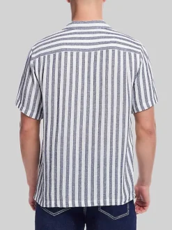 Button Up Shirts|Casual Shirts-Weatherproof Vintage Classic Fit Striped Short Sleeve Camp Shirt Navy And White