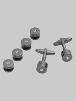 Tie Bars & Cufflinks-Pronto Uomo Crystal Cylinder Cufflinks & Studs Set Gunmetal Grey