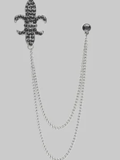Jewelry|Tie Bars & Cufflinks-Pronto Uomo Fleur De Lys Tassel Chain Lapel Pin Gunmetal