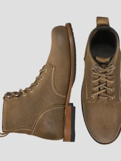 Boots-Frye Hudson Suede Plain Toe Work Boots Taupe