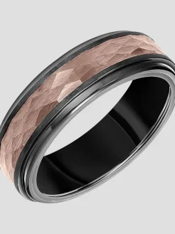 Jewelry|Tie Bars & Cufflinks-Gtx 7mm Step Edge Hammered Tungsten Carbide Band Brown/Black