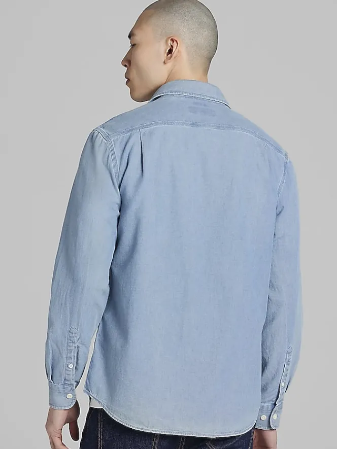 Button Up Shirts|Long Sleeve Button Up Shirts-Joseph Abboud Modern Fit Bird's Eye Button Up Shirt Chambray