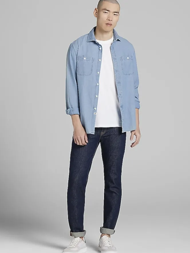 Button Up Shirts|Long Sleeve Button Up Shirts-Joseph Abboud Modern Fit Bird's Eye Button Up Shirt Chambray