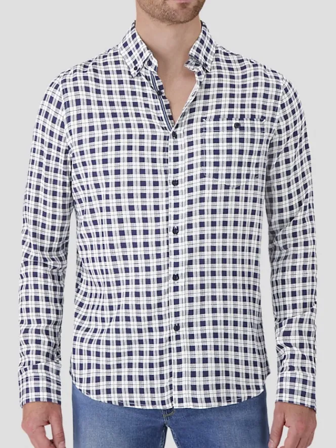 Button Up Shirts|Long Sleeve Button Up Shirts-Report Collection Modern Fit Check Modal Button Up Shirt Navy