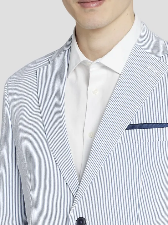 3-piece Suits|Suit Separates-Tommy Hilfiger Modern Fit Cotton Blend Seersucker Suit Jacket Blue/White Seersucker