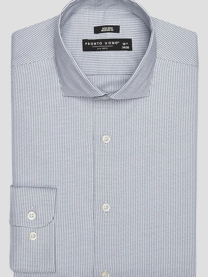 Patterned Dress Shirts|Dress Shirts-Pronto Uomo Modern Fit Cotton Micro Grid Spread Collar Dress Shirt Blue