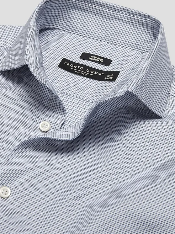 Patterned Dress Shirts|Dress Shirts-Pronto Uomo Modern Fit Cotton Micro Grid Spread Collar Dress Shirt Blue