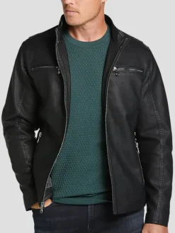 Outerwear-Awearness Kenneth Cole Modern Fit Faux Leather Moto Jacket Black Solid