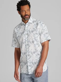 Button Up Shirts|Casual Shirts-Joseph Abboud Modern Fit Floral Leaf Linen Blend Short Sleeve Button Up Shirt Light Blue/Grey