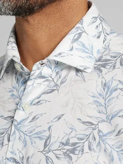 Button Up Shirts|Casual Shirts-Joseph Abboud Modern Fit Floral Leaf Linen Blend Short Sleeve Button Up Shirt Light Blue/Grey