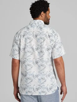 Button Up Shirts|Casual Shirts-Joseph Abboud Modern Fit Floral Leaf Linen Blend Short Sleeve Button Up Shirt Light Blue/Grey