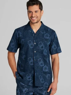 Casual Shirts|Button Up Shirts-Joseph Abboud Modern Fit Hibiscus Linen Blend Camp Shirt Navy