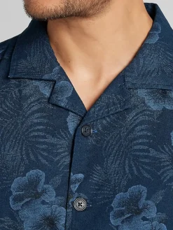 Casual Shirts|Button Up Shirts-Joseph Abboud Modern Fit Hibiscus Linen Blend Camp Shirt Navy