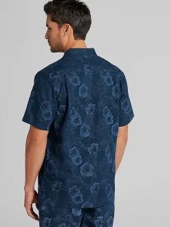 Casual Shirts|Button Up Shirts-Joseph Abboud Modern Fit Hibiscus Linen Blend Camp Shirt Navy