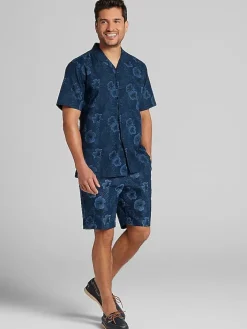 Casual Shirts|Button Up Shirts-Joseph Abboud Modern Fit Hibiscus Linen Blend Camp Shirt Navy