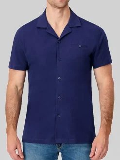 Button Up Shirts-Report Collection Modern Fit Knit Short Sleeve Camp Shirt Navy