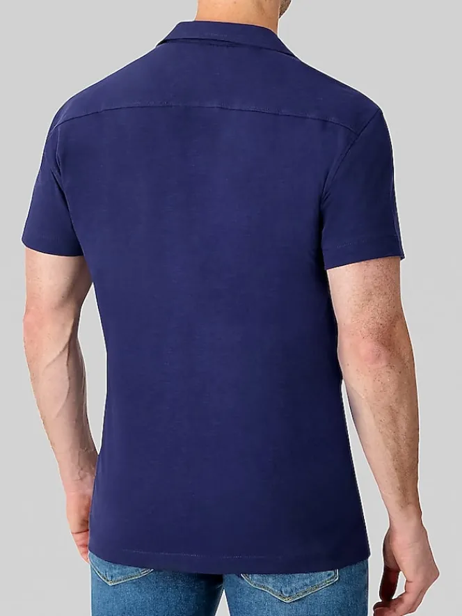 Button Up Shirts-Report Collection Modern Fit Knit Short Sleeve Camp Shirt Navy