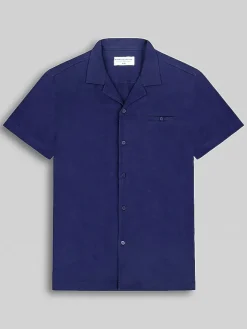 Button Up Shirts-Report Collection Modern Fit Knit Short Sleeve Camp Shirt Navy
