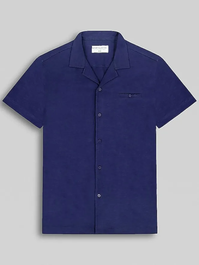 Button Up Shirts-Report Collection Modern Fit Knit Short Sleeve Camp Shirt Navy