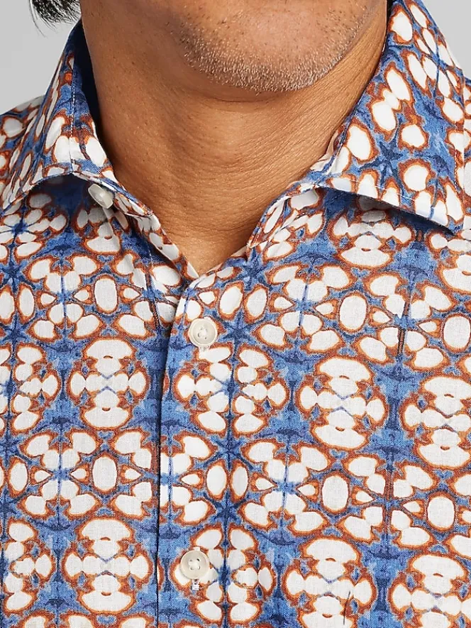 Button Up Shirts|Casual Shirts-Joseph Abboud Modern Fit Linen Blend Button Up Shirt Navy/Rust