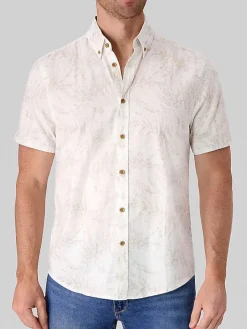 Button Up Shirts|Casual Shirts-Report Collection Modern Fit Linen Blend Palm Print Button Up Shirt Tan