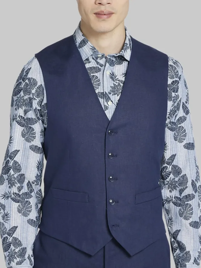 Big & Tall Suits|Vests-Tommy Hilfiger Modern Fit Linen Suit Vest Navy Solid