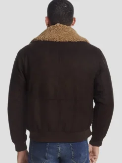 Outerwear-Weatherproof Modern Fit Microsuede Bomber Jacket with Detachable Faux Fur Collar Black Solid