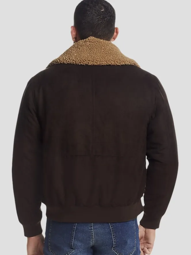 Outerwear-Weatherproof Modern Fit Microsuede Bomber Jacket with Detachable Faux Fur Collar Black Solid