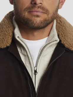 Outerwear-Weatherproof Modern Fit Microsuede Bomber Jacket with Detachable Faux Fur Collar Black Solid