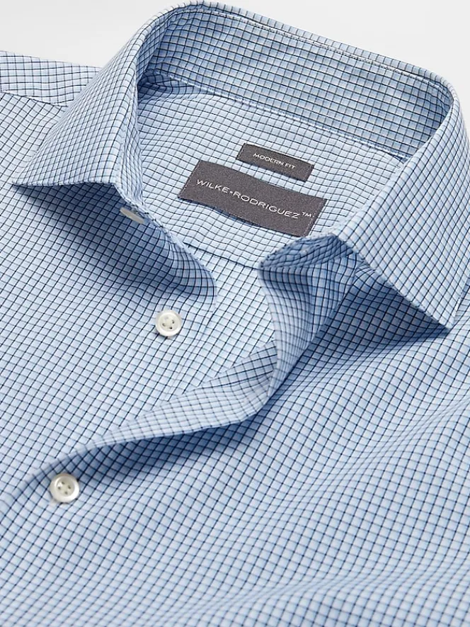 Patterned Dress Shirts|Dress Shirts-Wilke-Rodriguez Modern Fit Mini Grid Dress Shirt Blue