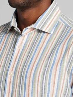 Casual Shirts|Button Up Shirts-Joseph Abboud Modern Fit stripe Linen Blend Short Sleeve Button Up Shirt Multi