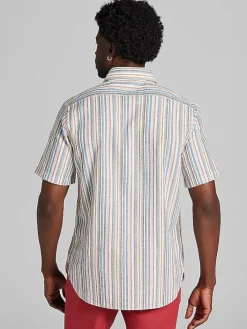 Casual Shirts|Button Up Shirts-Joseph Abboud Modern Fit stripe Linen Blend Short Sleeve Button Up Shirt Multi