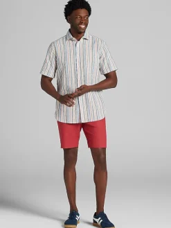 Casual Shirts|Button Up Shirts-Joseph Abboud Modern Fit stripe Linen Blend Short Sleeve Button Up Shirt Multi