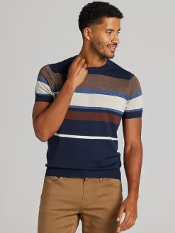 Sweaters|Casual Shop-Joseph Abboud Modern Fit Multistripe Short Sleeve Sweater Navy